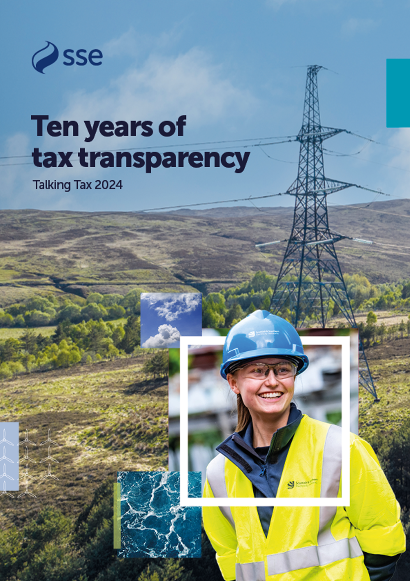 Cover of the talking tax 2024 report with 'ten years of tax transparency - Talking Tax 2024' written to the left hand side with the SSE logo. There is large transmission tower in the background and a smiling engineer in full PPE in the foreground